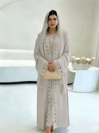 Open Robe Set with Lace, Sleeveless Slip Dress And Chiffon Headscarf