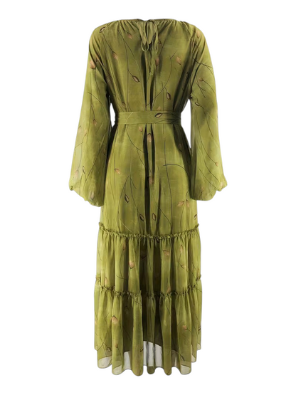 Linen & Loom olive green chiffon abaya dress with long sleeves, tiered skirt, and matching waist belt.