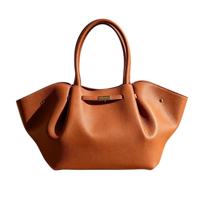 Linen & Loom light brown lychee-grain leather shoulder bag with a retro tote design and gold-tone hardware