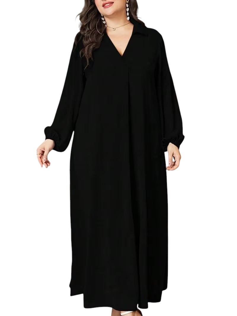 Linen & Loom plus size black V-neck maxi dress with long lantern sleeves and a relaxed flowing silhouette.