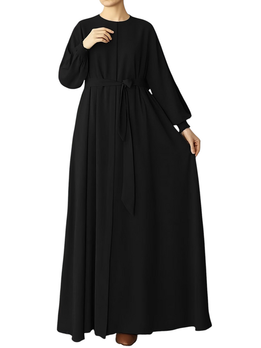Linen & Loom elegant black full-length abaya with a relaxed fit, long sleeves, and a matching waist tie belt.