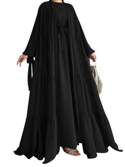 Linen & Loom black tiered vest dress and matching robe jacket set for a modest Middle Eastern-inspired look