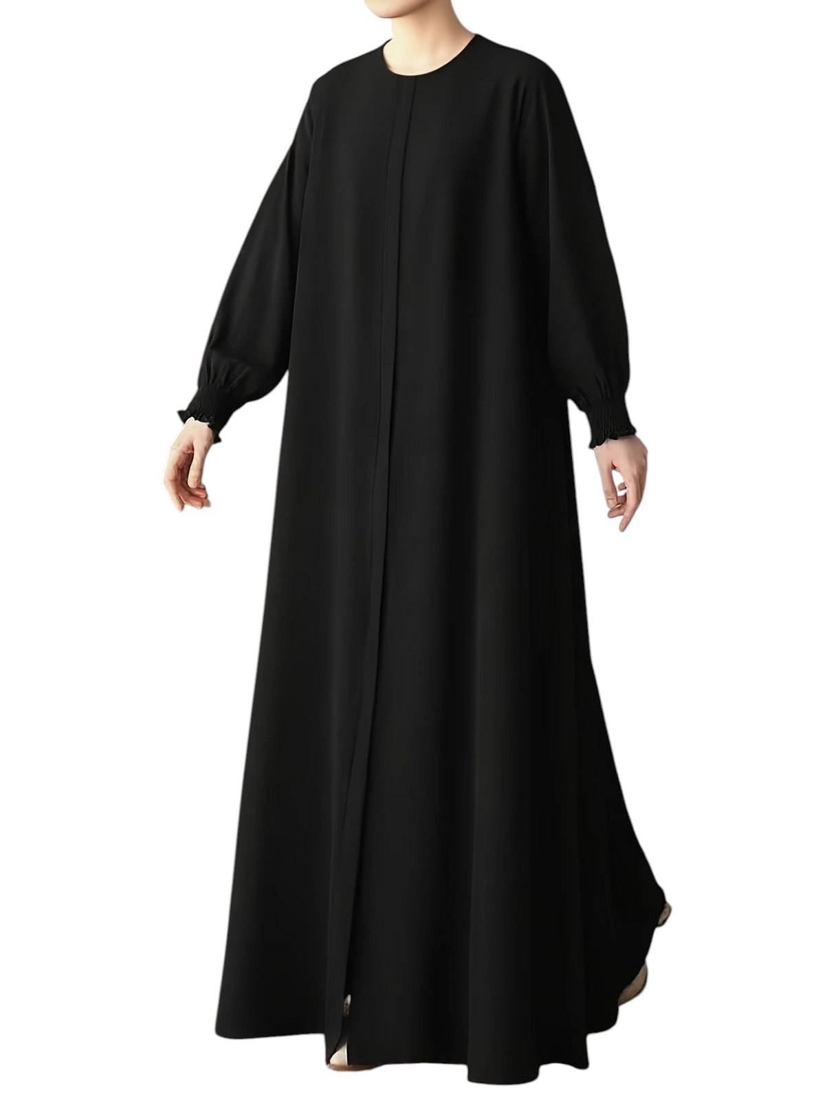 Linen & Loom black modest abaya with long sleeves and a loose, comfortable fit for elegant everyday wear.
