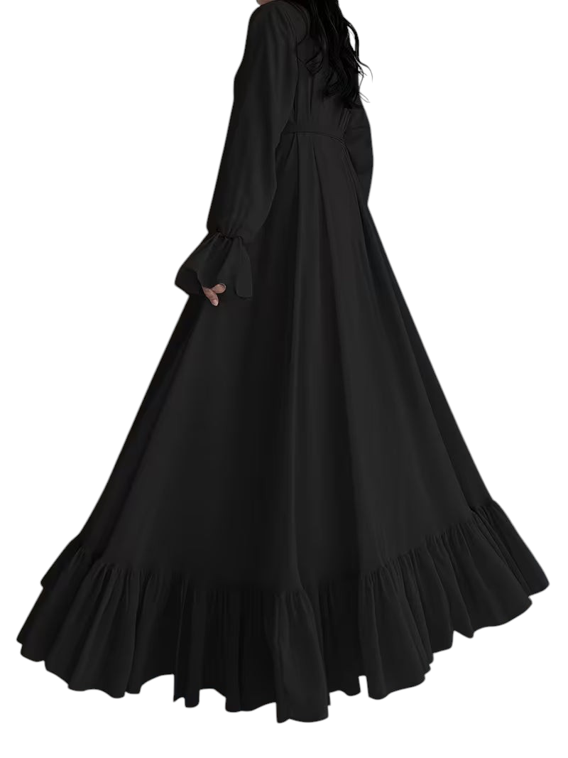 Linen & Loom black chiffon long abaya dress with a flowing silhouette, ruffled hem, and elegant modest design.