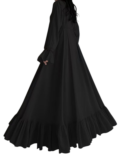 Linen & Loom black chiffon long abaya dress with a flowing silhouette, ruffled hem, and elegant modest design.
