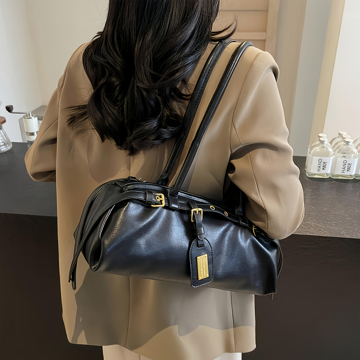 Women's Large Capacity Handbag with Belt Buckle Closure & Wrist Strap - Multifunctional Shoulder Bag