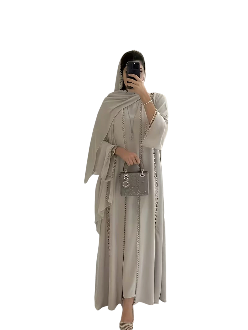 Linen & Loom silver embroidered abaya open robe set with matching headscarf and sleeveless slip dress