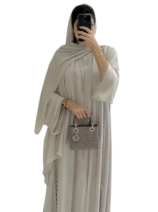 Linen & Loom silver embroidered open abaya robe set with sleeveless slip dress and matching chiffon headscarf
