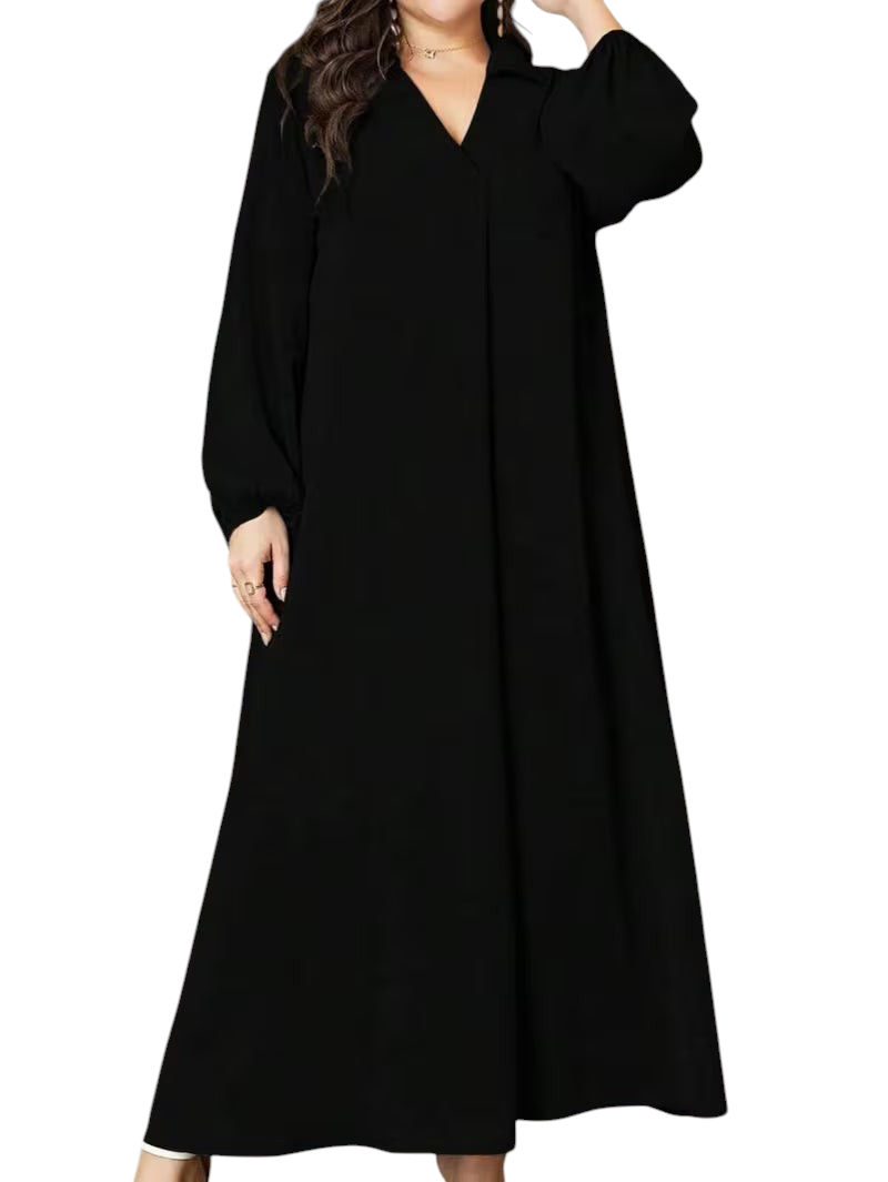 Linen & Loom plus-size black maxi dress with a V-neckline and long lantern sleeves in a flowing, elegant silhouette.