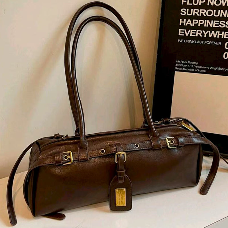 Women's Large Capacity Handbag with Belt Buckle Closure & Wrist Strap - Multifunctional Shoulder Bag