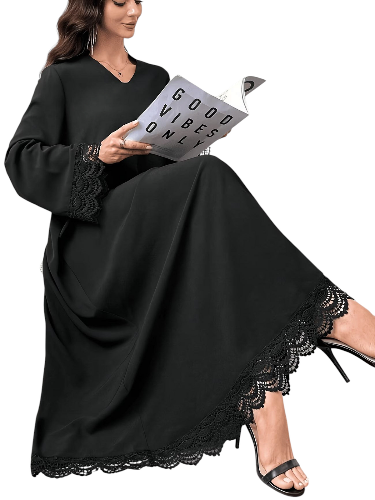 Linen & Loom plus-size black abaya dress featuring elegant lace sleeves and a matching lace hem in a relaxed fit.