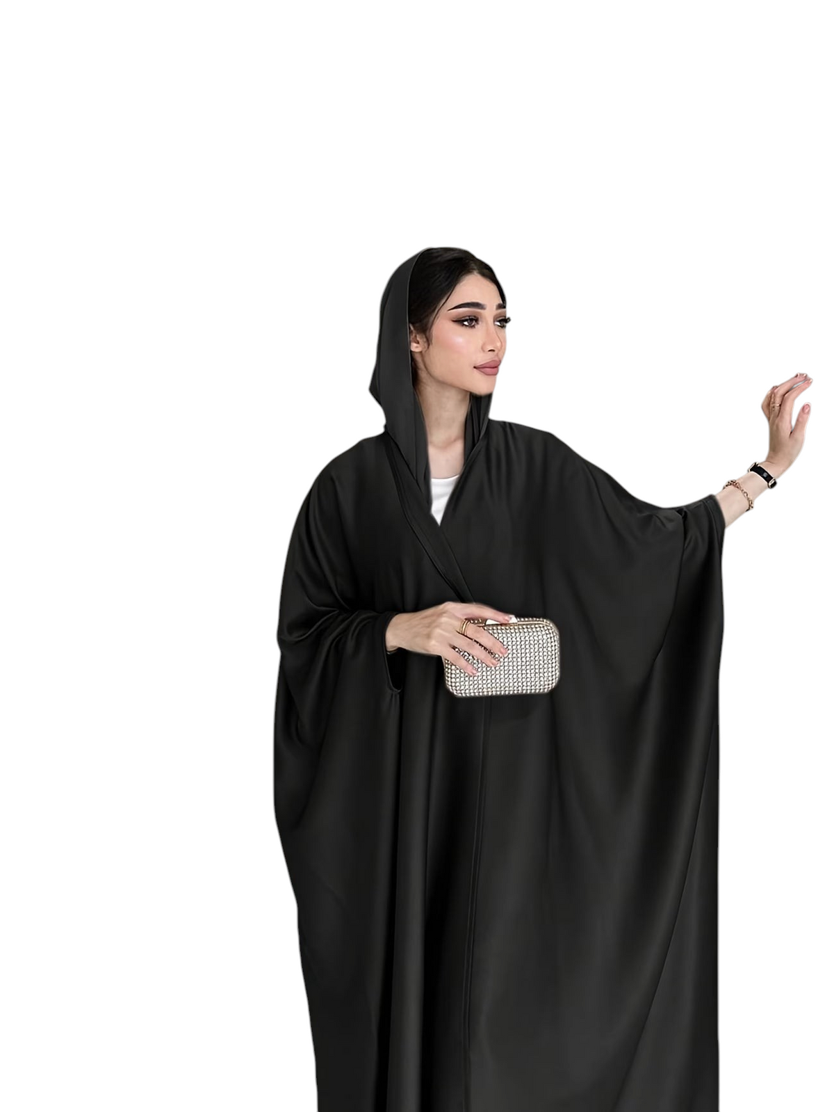Linen & Loom black batwing sleeve abaya gown with a hood, worn by a woman holding a crystal clutch in a studio.