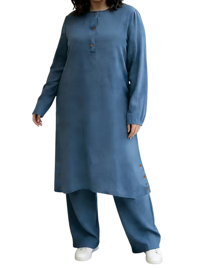 Linen & Loom blue long-sleeve abaya tunic with wooden buttons and matching wide-leg trousers for a modest look.