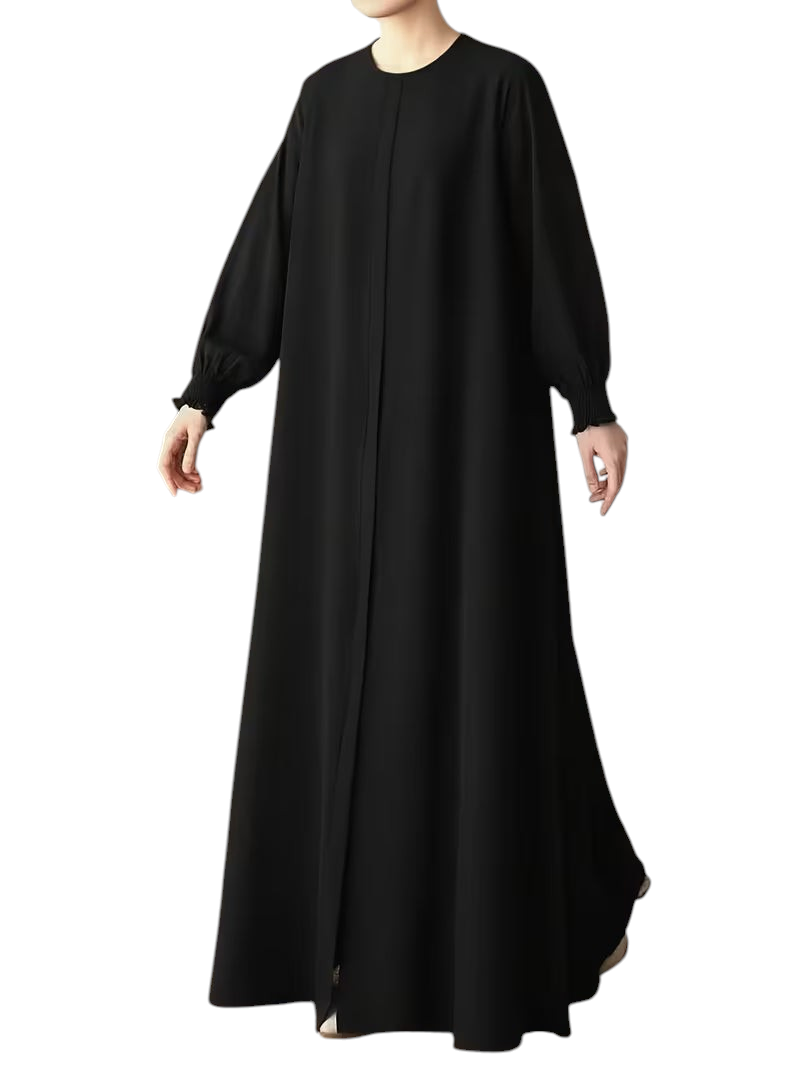 Linen & Loom black solid color abaya with a loose fit, long sleeves, and gathered cuffs for elegant modest wear.