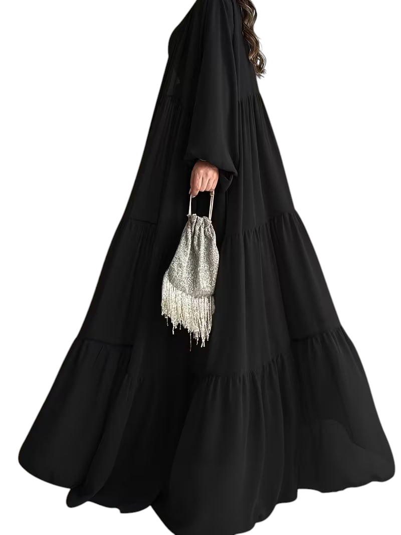 Linen & Loom black tiered maxi robe dress with long sleeves and a matching silver beaded handbag