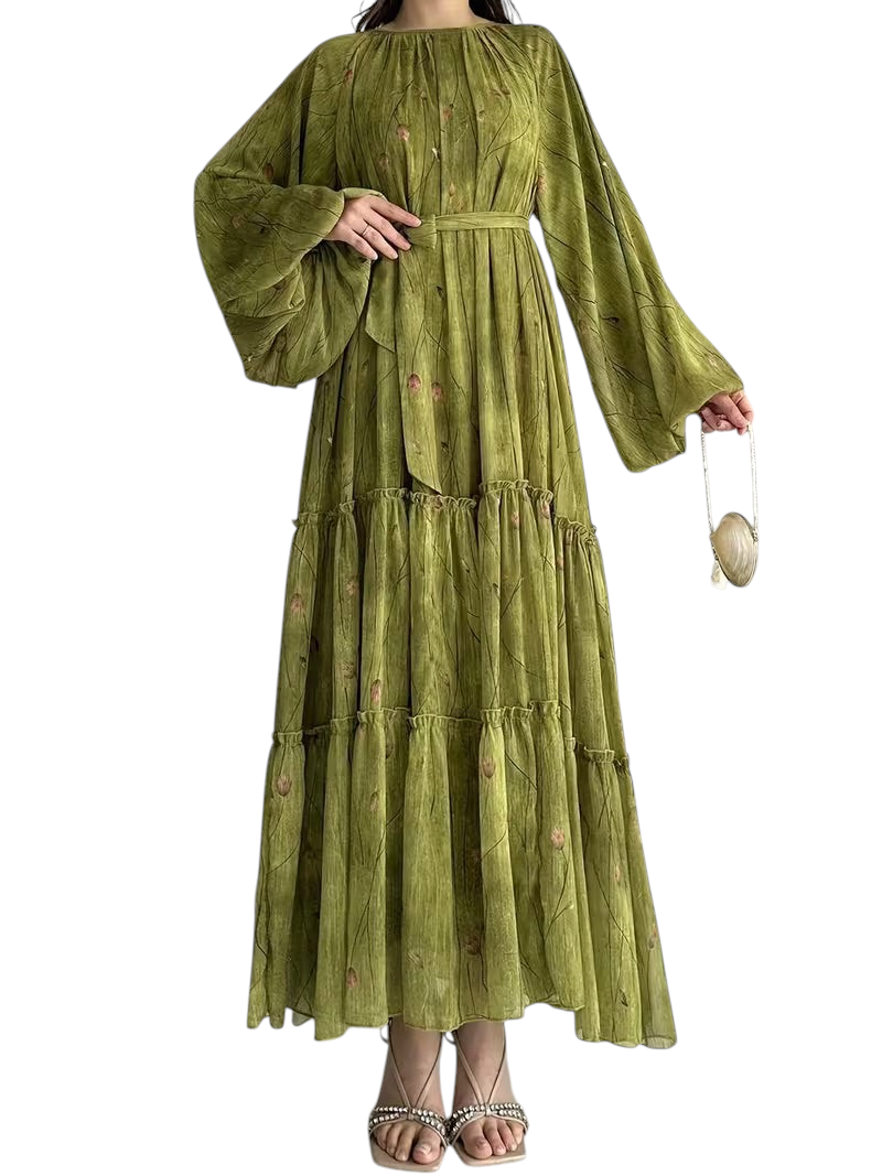 Linen & Loom olive green chiffon abaya dress with long balloon sleeves, tiered skirt, and matching waist belt.