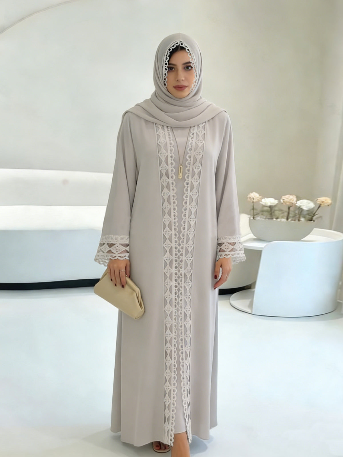 Open Robe Set with Lace, Sleeveless Slip Dress And Chiffon Headscarf