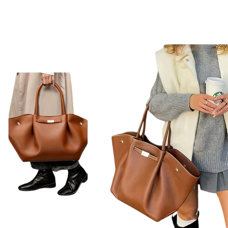 Linen & Loom light brown lychee-grain leather shoulder bag with a large-capacity retro tote design for casual wear.