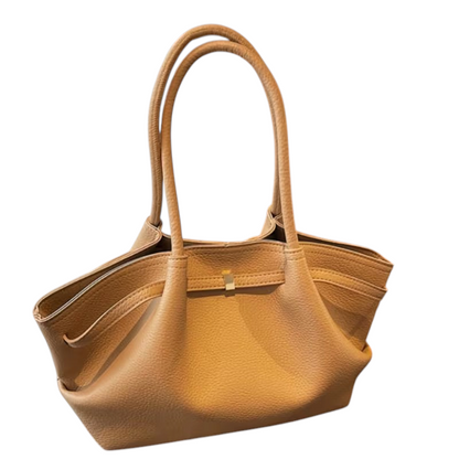 Linen & Loom light brown leather tote handbag with double handles and a spacious casual design for daily use