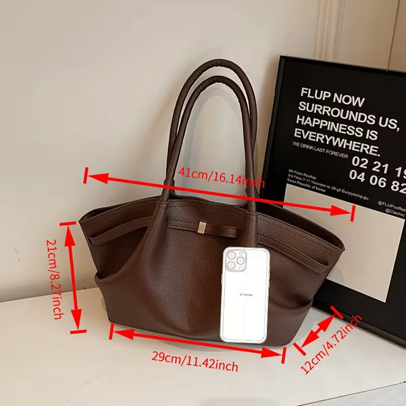 Linen & Loom brown leather tote handbag with double handles and spacious design for office or casual daily use